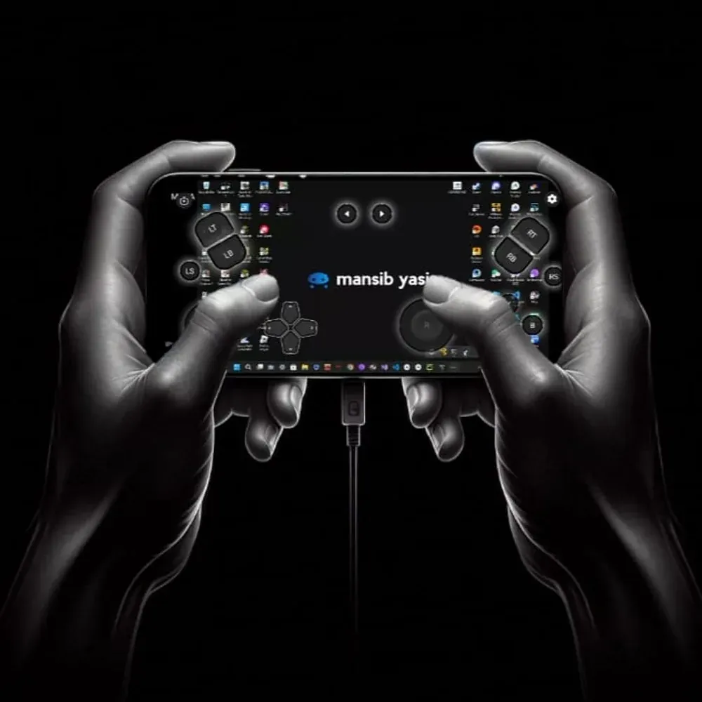 The virtual gamepad over a streamed Windows desktop.