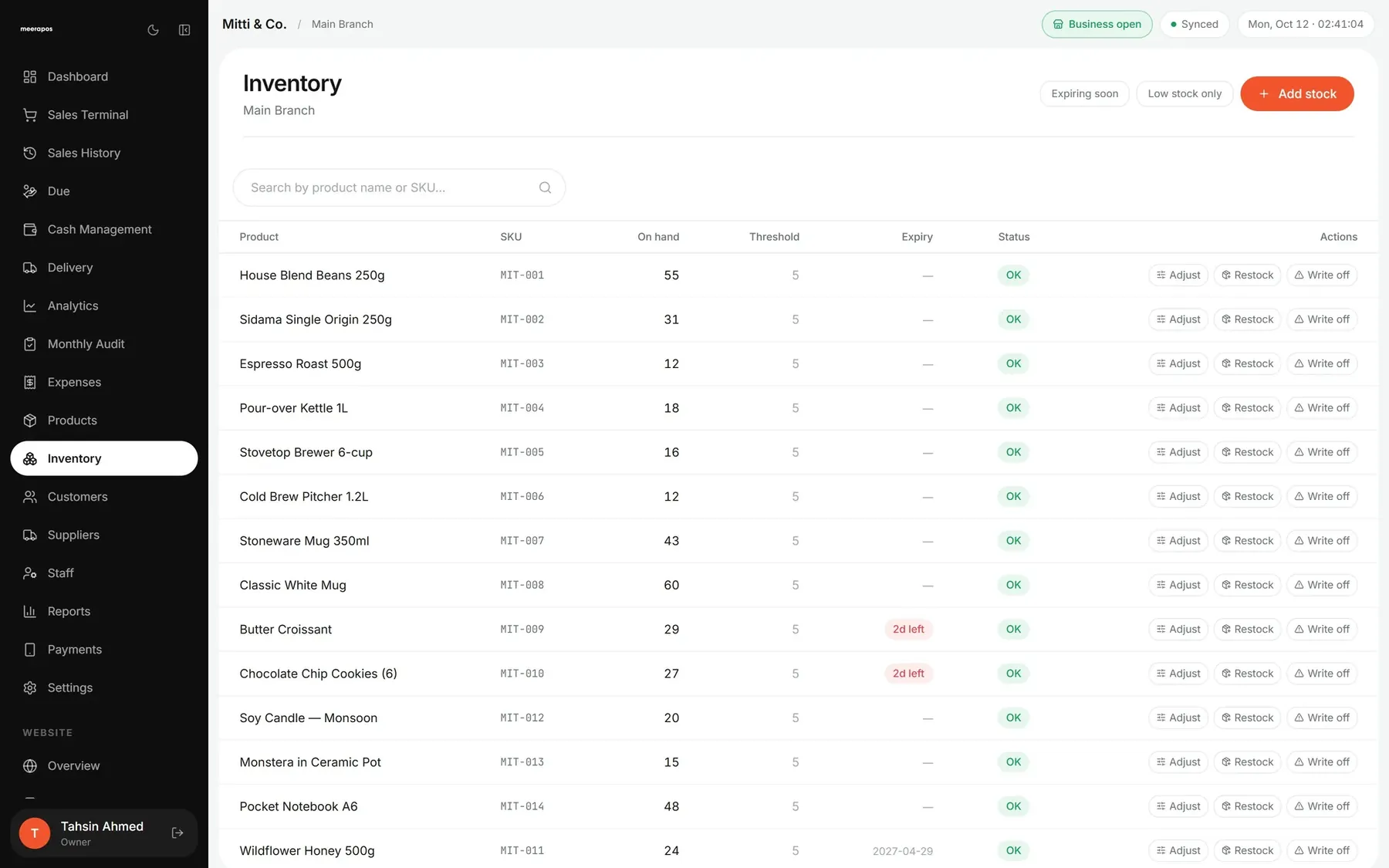 Inventory with low-stock and expiry flags.